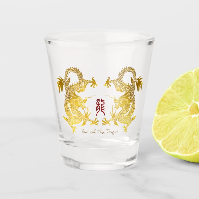 Golden Chinese Dragon  old Ideogram Birthday SG Shot Glass (Front)