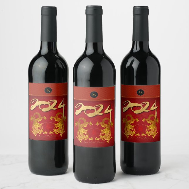 Golden Chinese Dragon with old Ideogram Monogram w Wine Label (Bottles)