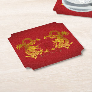 Golden Chinese Dragon with old Ideogram PCo Paper Coaster