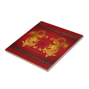 Golden Chinese Dragon with old Ideogram T Ceramic Tile