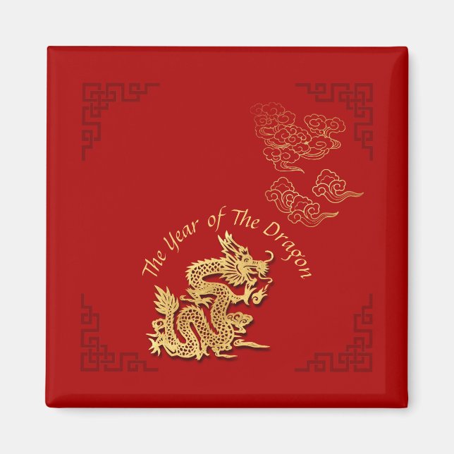 Golden Chinese Paper-cut Dragon Year 2024 SqM Magnet (Front)