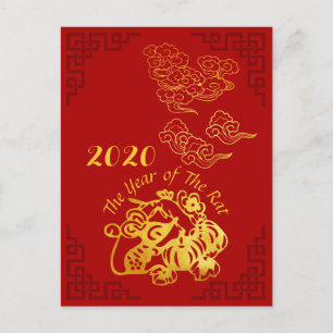 Golden Chinese Paper-cut Rat Year 2020 Postcard