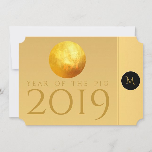Golden Chinese Pig Papercut 2019 Monogram Invite (Front)