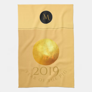 Golden Chinese Pig Papercut 2019 Monogram KitchenT Tea Towel