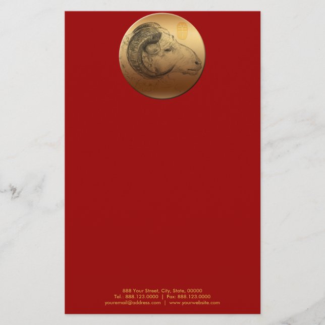 Golden Chinese Ram Year or Birthday stationery (Front)