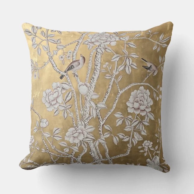 Golden Chinoiserie with Birds & Blooming Peony Cushion (Front)