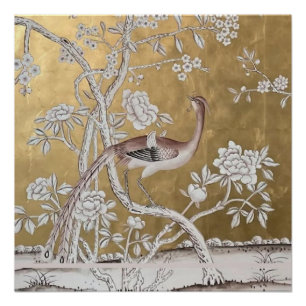 Golden Chinoiserie with Crane in Neutral Colors Poster