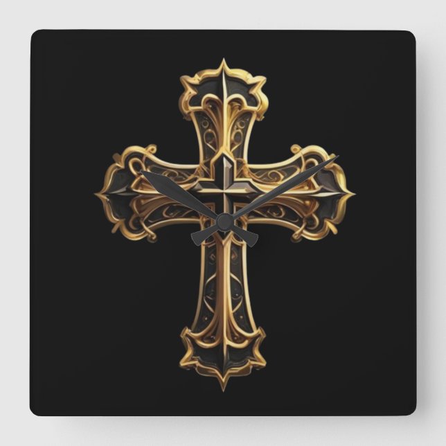 Golden Christ’s Cross 2 Square Wall Clock (Front)