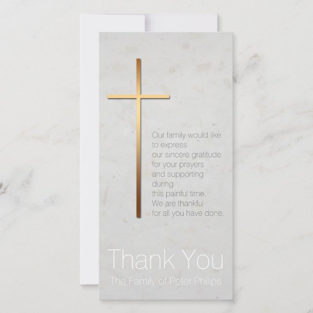 Golden Christian Cross Modern Sympathy Thank You Card (Front)