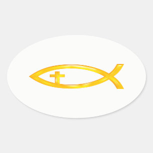 Golden Christian Fish Symbol with Crucifix Oval Sticker