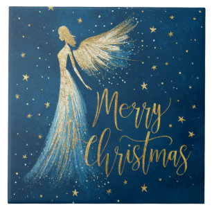 Golden Christmas Angel on Starry Navy Ceramic Tile