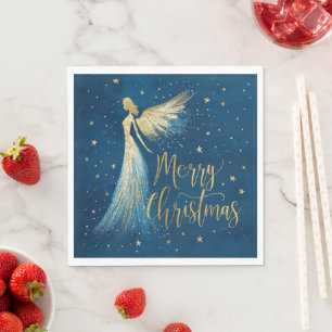 Golden Christmas Angel on Starry Navy Napkin