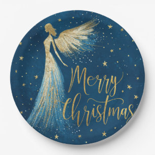 Golden Christmas Angel on Starry Navy Paper Plate