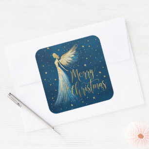 Golden Christmas Angel on Starry Navy Square Sticker