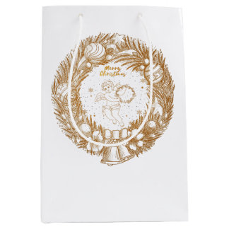 Golden Christmas Angel-Wreath-Merry Christmas   Medium Gift Bag