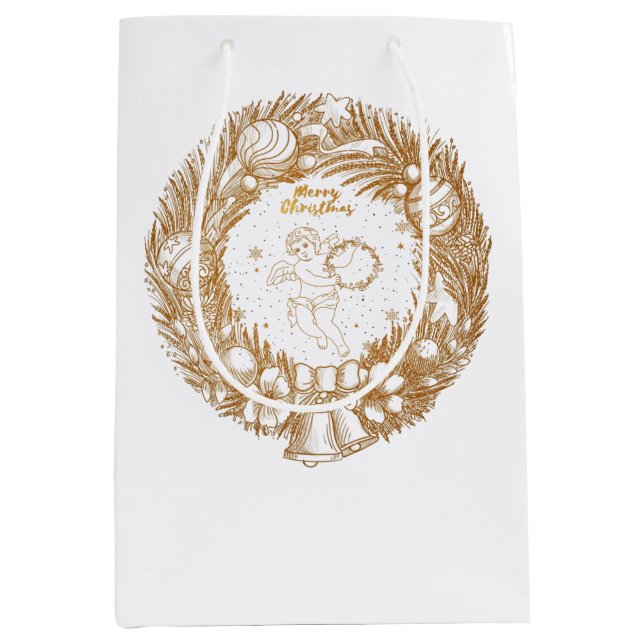 Golden Christmas Angel-Wreath-Merry Christmas   Medium Gift Bag (Front)