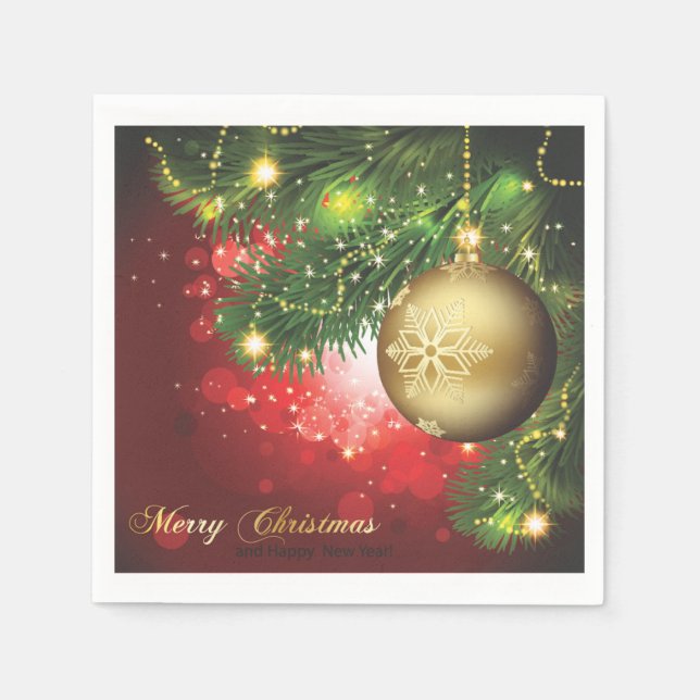 Golden Christmas Balls & Pine Tree Branches Paper Napkin (Front)