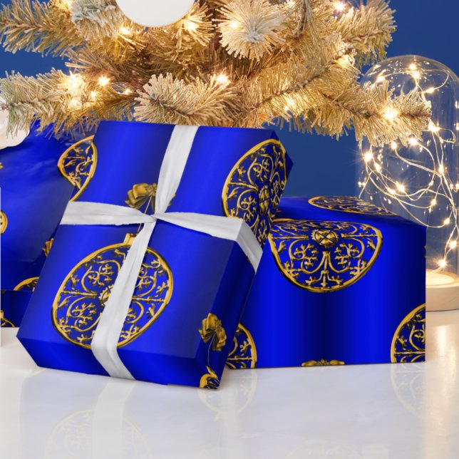 Golden Christmas Baubles on Blue Wrapping Paper (Creator Uploaded)