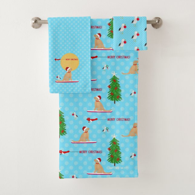 Golden Christmas Beach Day Shower Curtain Bath Towel Set (Insitu)