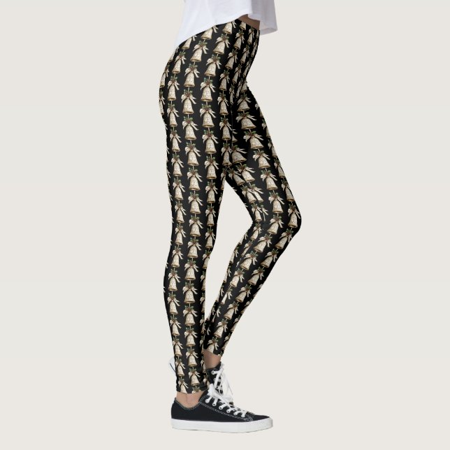 Golden Christmas Bell Green Leaves Black Elegant Leggings (Right)