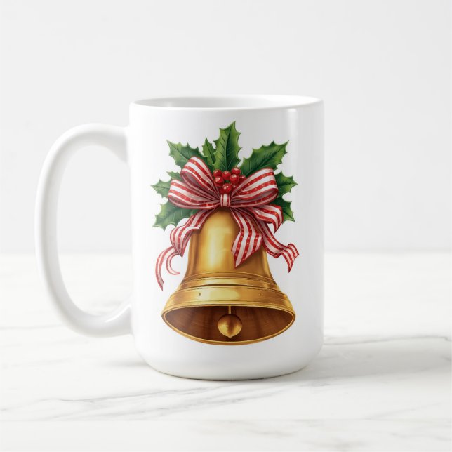 Golden Christmas Bell Holly and Stripe Bow Coffee Mug (Left)