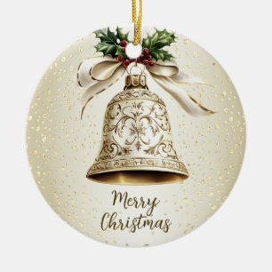 Golden Christmas Bell Shiny Stars Green Leaves Ceramic Ornament