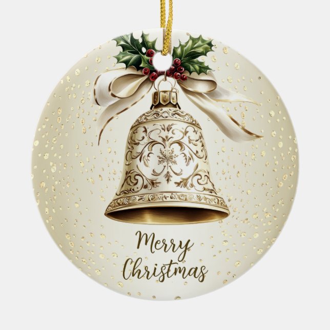 Golden Christmas Bell Shiny Stars Green Leaves Ceramic Ornament (Front)
