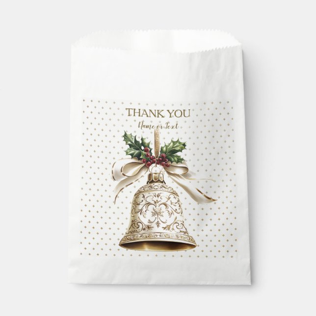 Golden Christmas Bell Shiny Stars Green Leaves Favour Bag (Front)