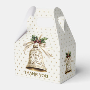 Golden Christmas Bell Shiny Stars Green Leaves Favour Box