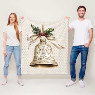 Golden Christmas Bell Shiny Stars Green Leaves Fleece Blanket
