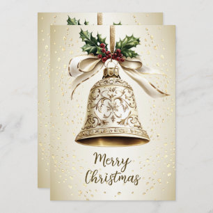 Golden Christmas Bell Shiny Stars Green Leaves Holiday Card