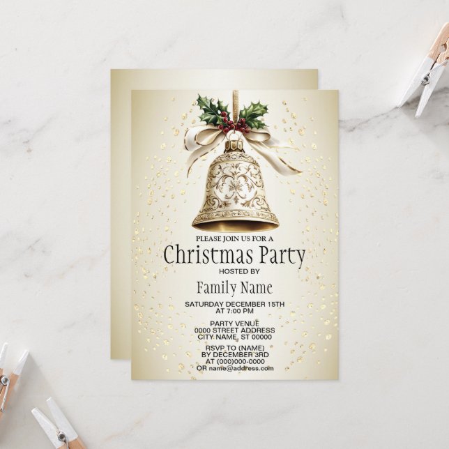 Golden Christmas Bell Shiny Stars Green Leaves Invitation (Front/Back In Situ)