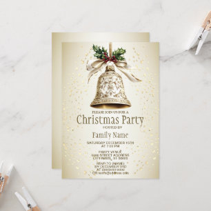 Golden Christmas Bell Shiny Stars Green Leaves Invitation