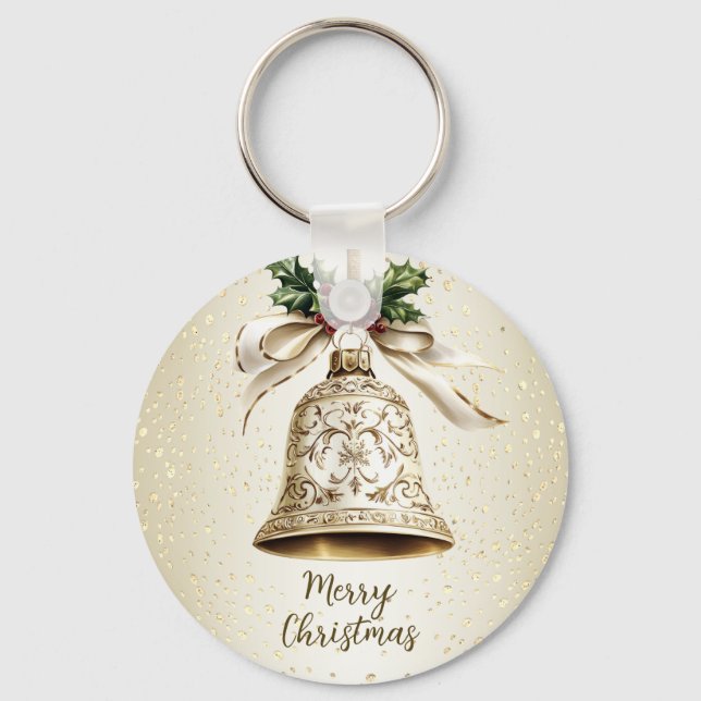 Golden Christmas Bell Shiny Stars Green Leaves Key Ring (Front)