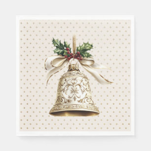 Golden Christmas Bell Shiny Stars Green Leaves Napkin