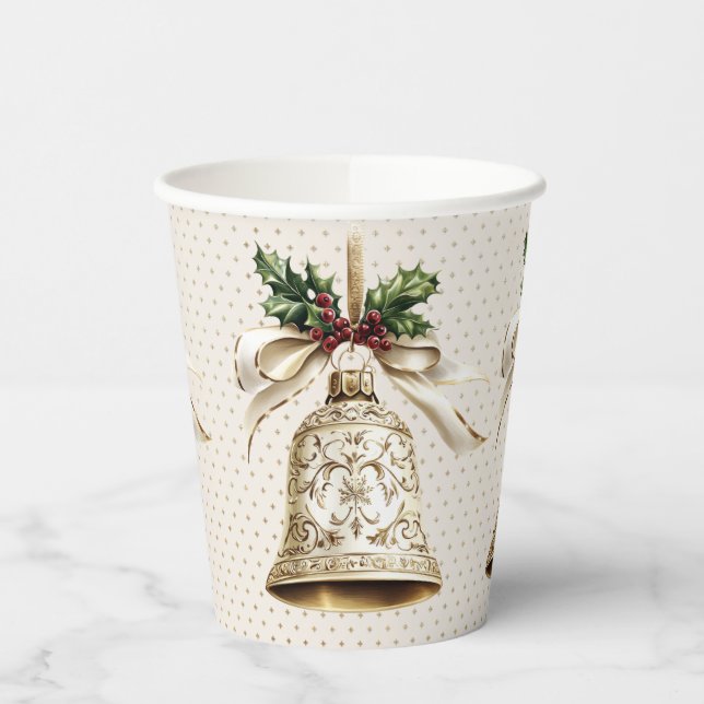 Golden Christmas Bell Shiny Stars Green Leaves Paper Cups (Left)