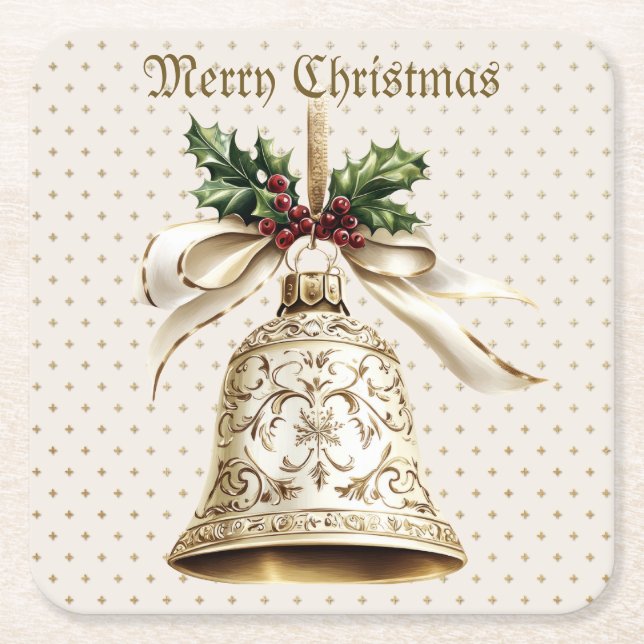 Golden Christmas Bell Shiny Stars Green Leaves Square Paper Coaster (Front)