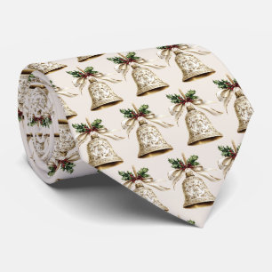 Golden Christmas Bell Shiny Stars Green Leaves Tie