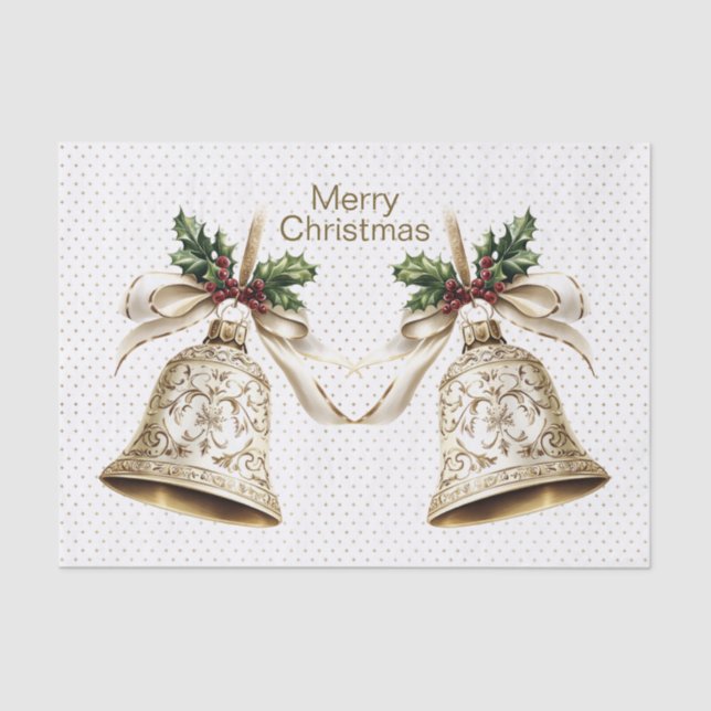 Golden Christmas Bell Shiny Stars Green Leaves Tissue Paper (Front)