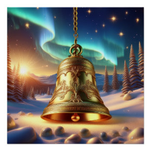 Golden Christmas Bell Snowy Winter Scene Glossy Poster