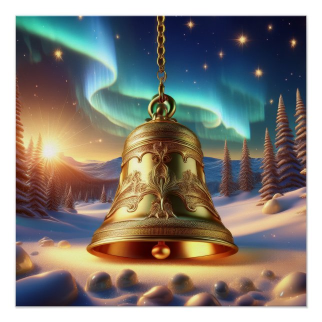 Golden Christmas Bell  Snowy Winter Scene Glossy Poster (Front)
