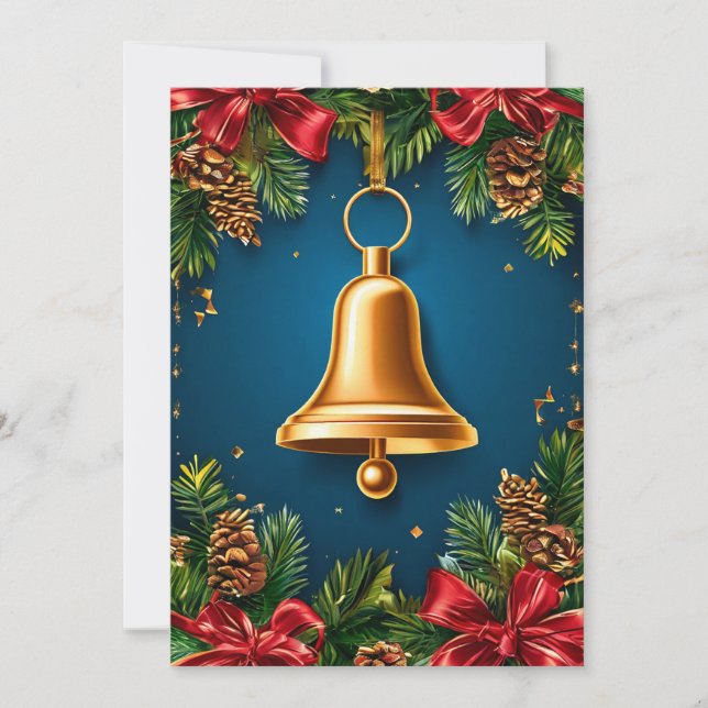 Golden Christmas Bell Surrounded by Festive Red Bo Holiday Card (Front)