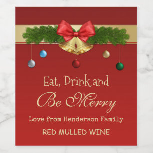 Golden Christmas bells, baubles and spruce Wine Label