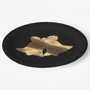 Golden Christmas Bells Black Gold Festive Elegant Paper Plate