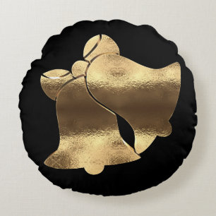 Golden Christmas Bells Elegant Black and Gold Round Cushion