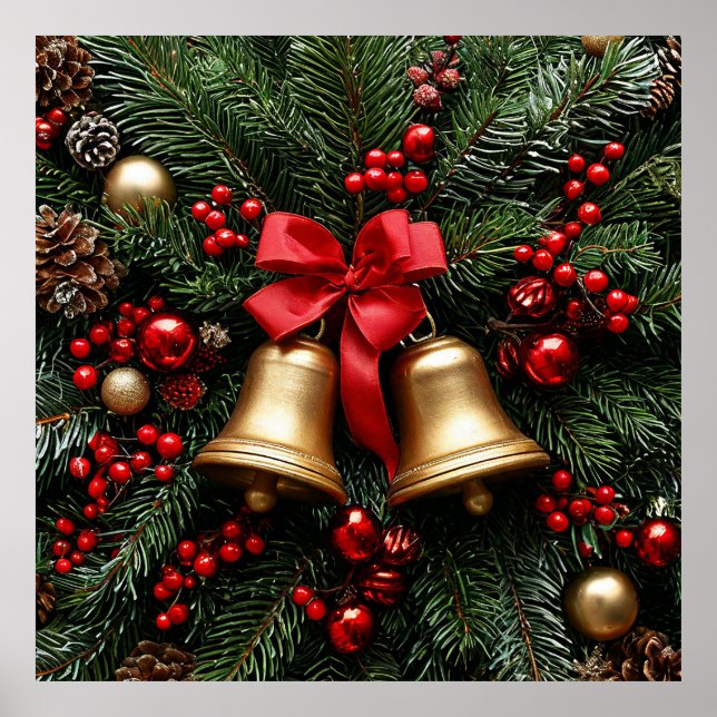 Golden Christmas Bells on Evergreen Decorations (Front)