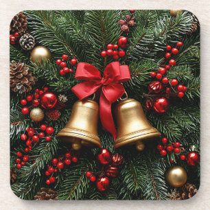 Golden Christmas Bells on Evergreen Decorations Coaster