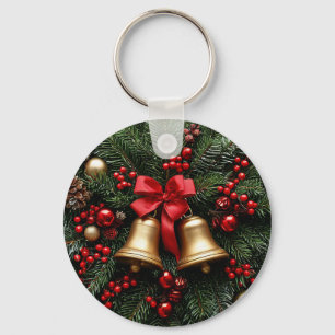 Golden Christmas Bells on Evergreen Decorations Key Ring