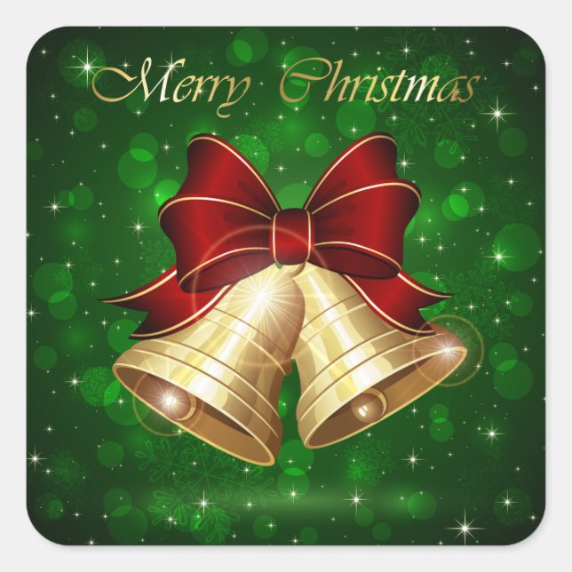 Golden Christmas Bells Red Bow Square Sticker (Front)