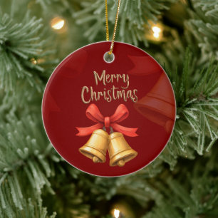 Golden Christmas Bells Red Holiday Art Ceramic Ornament